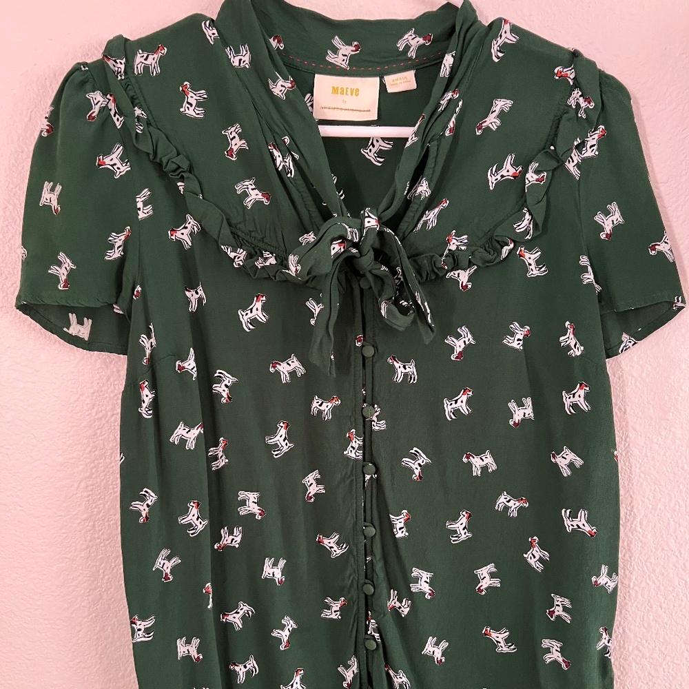 Maeve by Anthropologie dog print ruffle blouse Sm